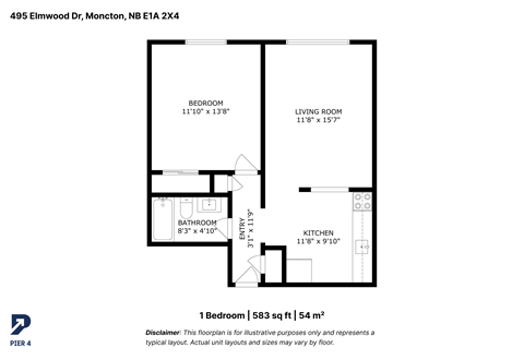 Floor plan for 1 bed, 1 bath, 583 sqft